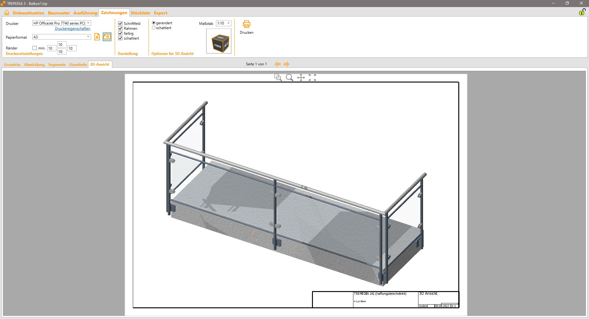 3D view of a stair railing