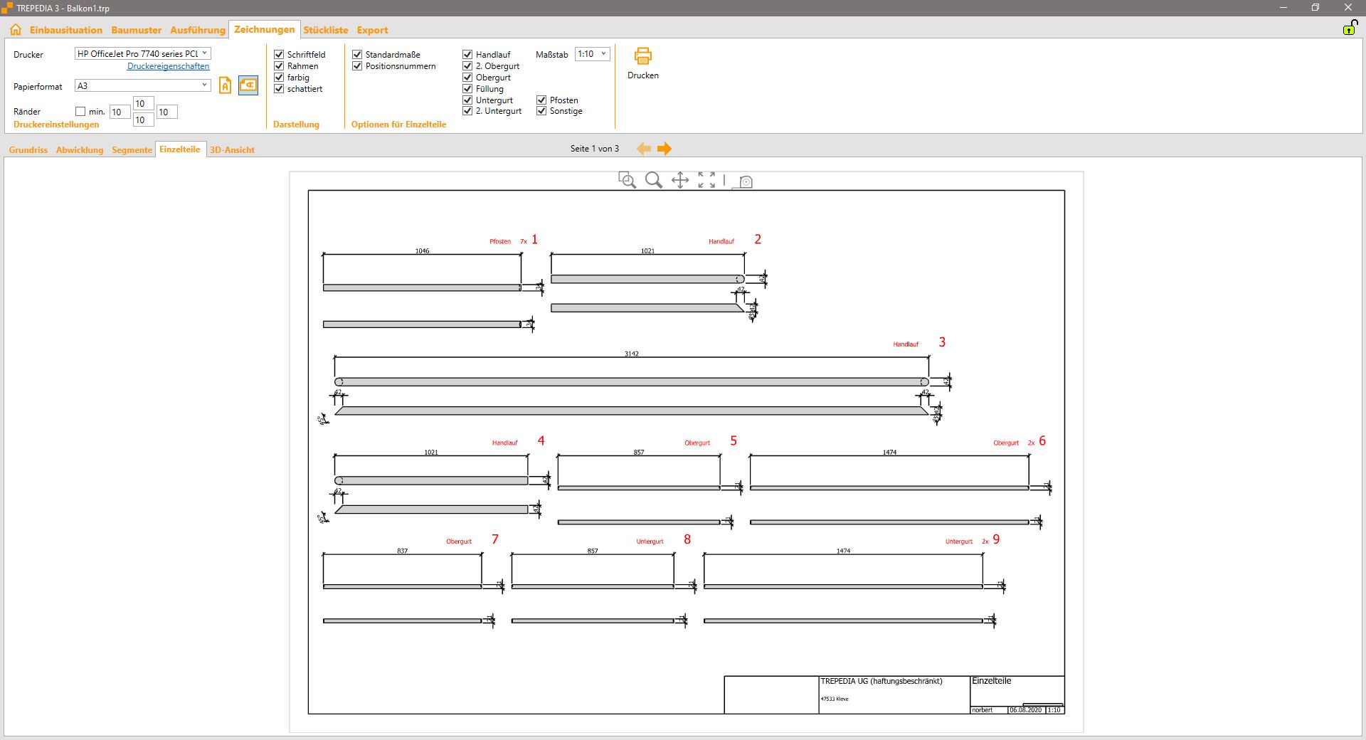 Individual part drawings for railing components