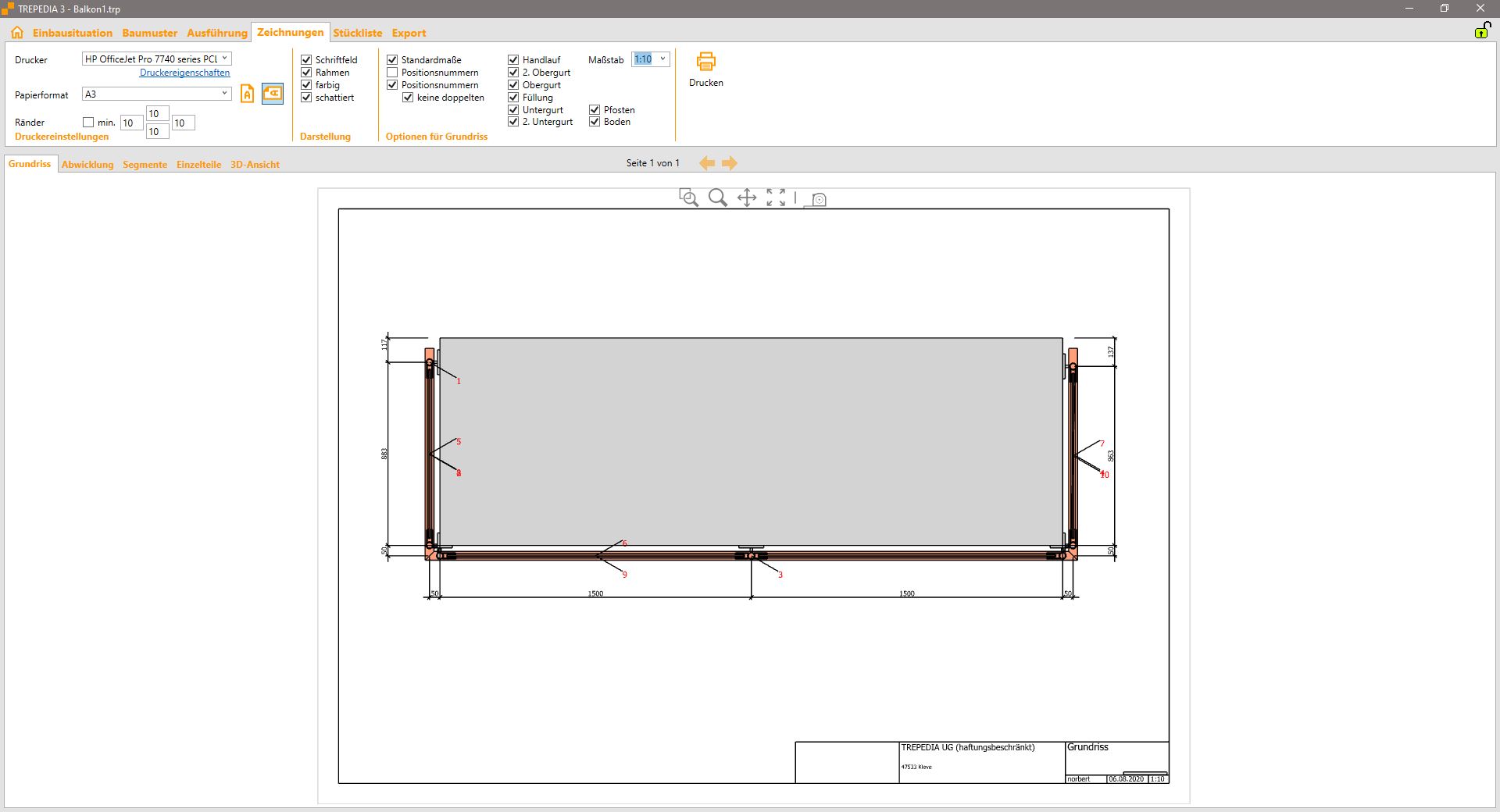 Floor plan of a railing with base plate